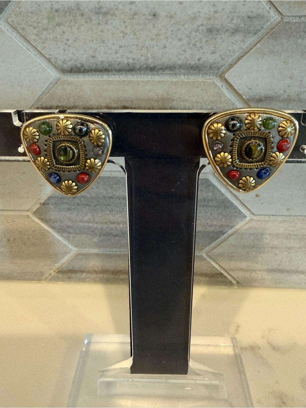 Michal Golan Signed Multi-Stone Clip On Earrings vintage